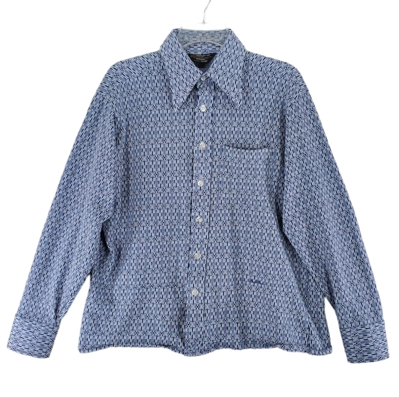 Vtg JC Penney Towncraft Shirt Men L 16 16.5 Blue Abstract 70s Disco LS Spear Pt - Picture 1 of 13